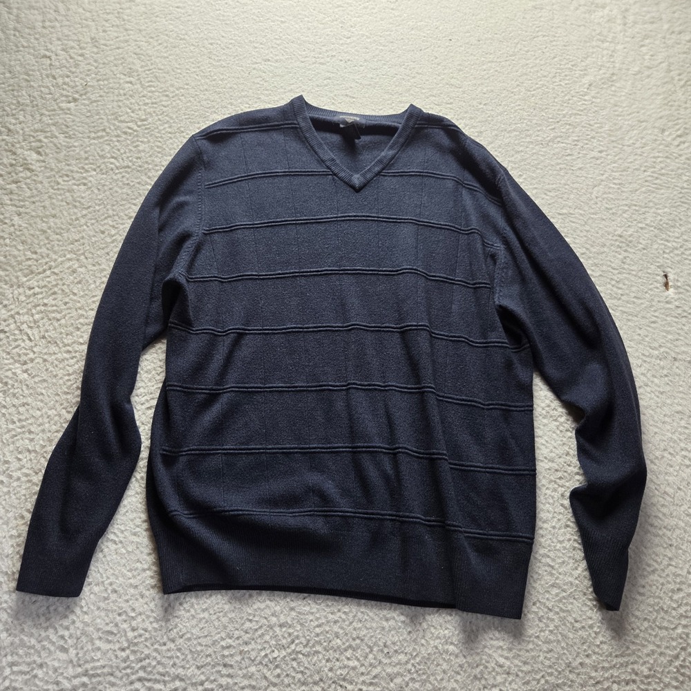 Dockers Sweater Mens XL Blue Stripe V Neck Tight Knit Pullover Acrylic Winter